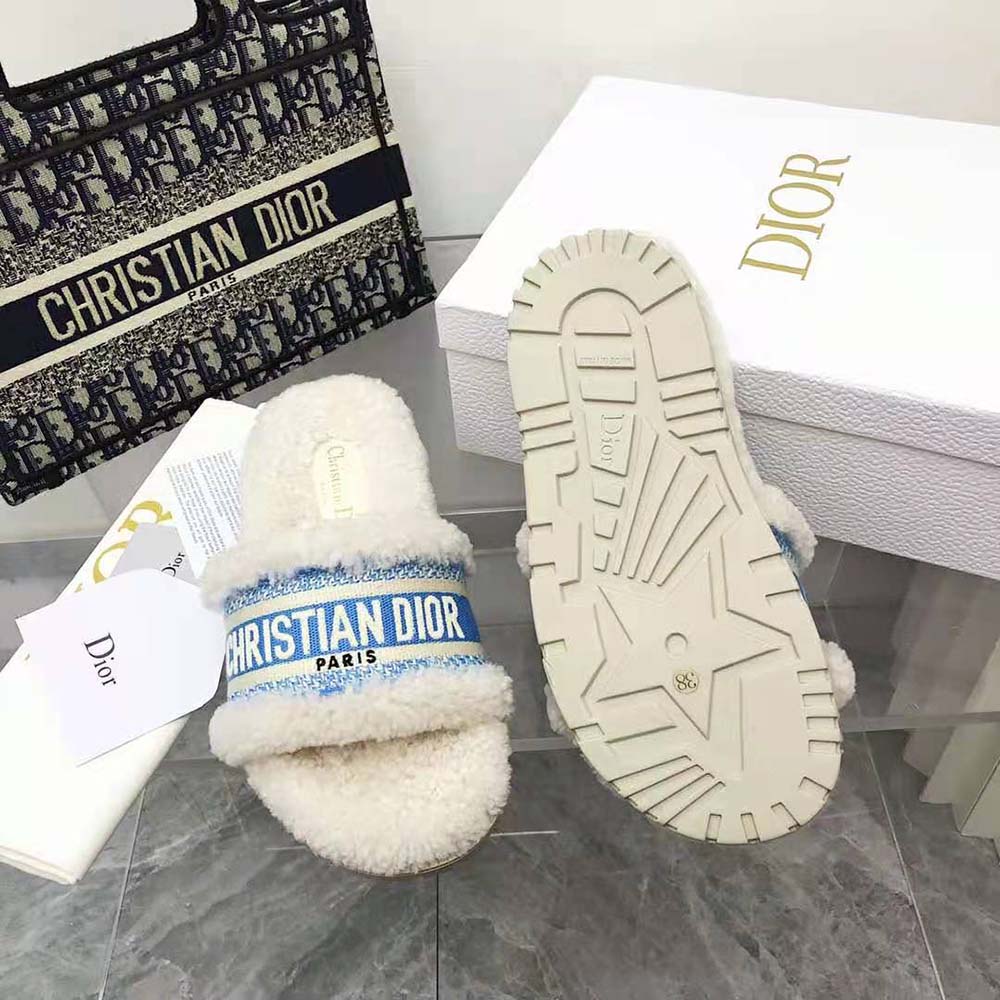 Dior Women Dway Slide Cornflower Blue Embroidered Cotton and White Shearling - image 10
