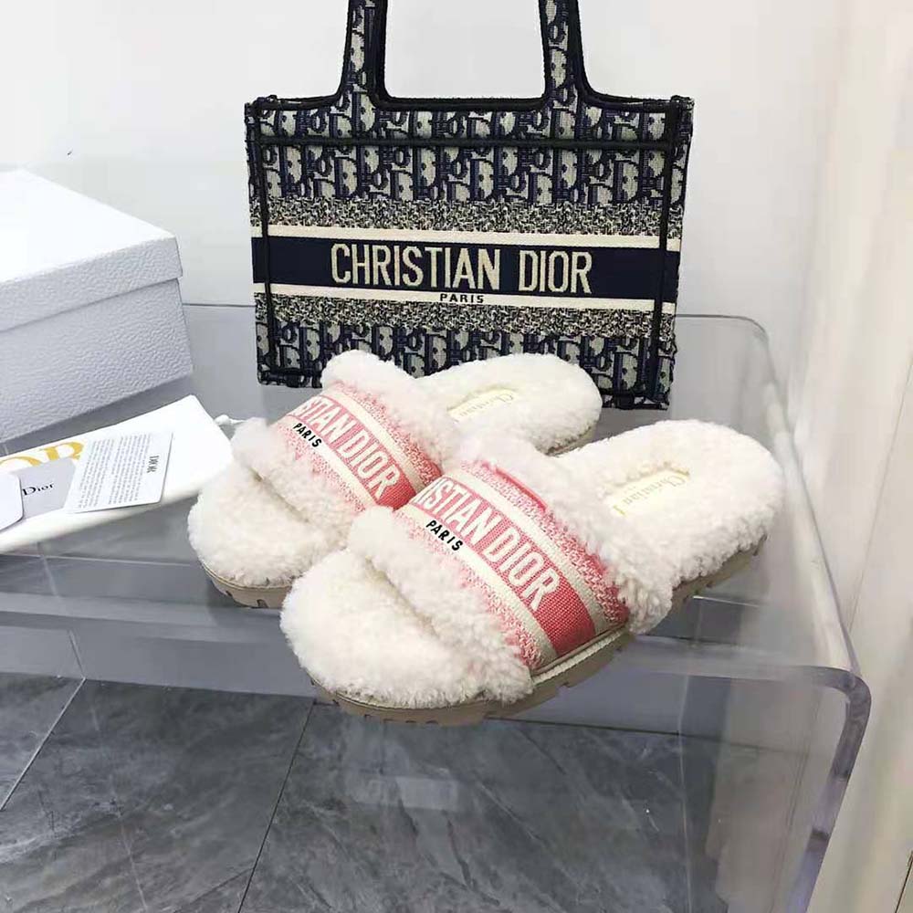 Dior Women Dway Slide Peony Pink Embroidered Cotton and White Shearling - image 5