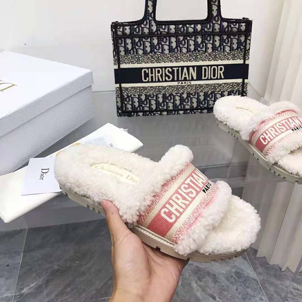 Dior Women Dway Slide Peony Pink Embroidered Cotton and White Shearling - image 8