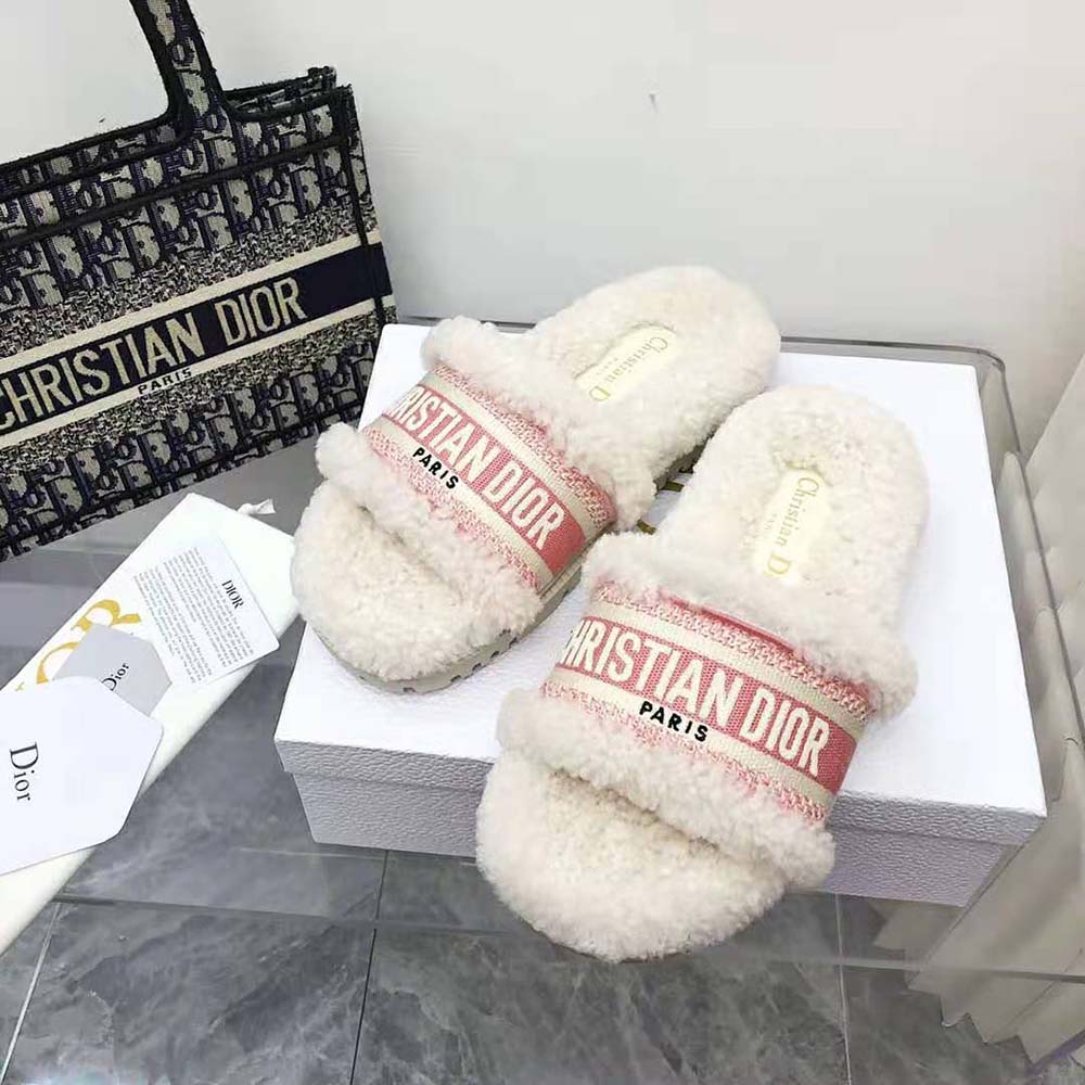 Dior Women Dway Slide Peony Pink Embroidered Cotton and White Shearling - image 4