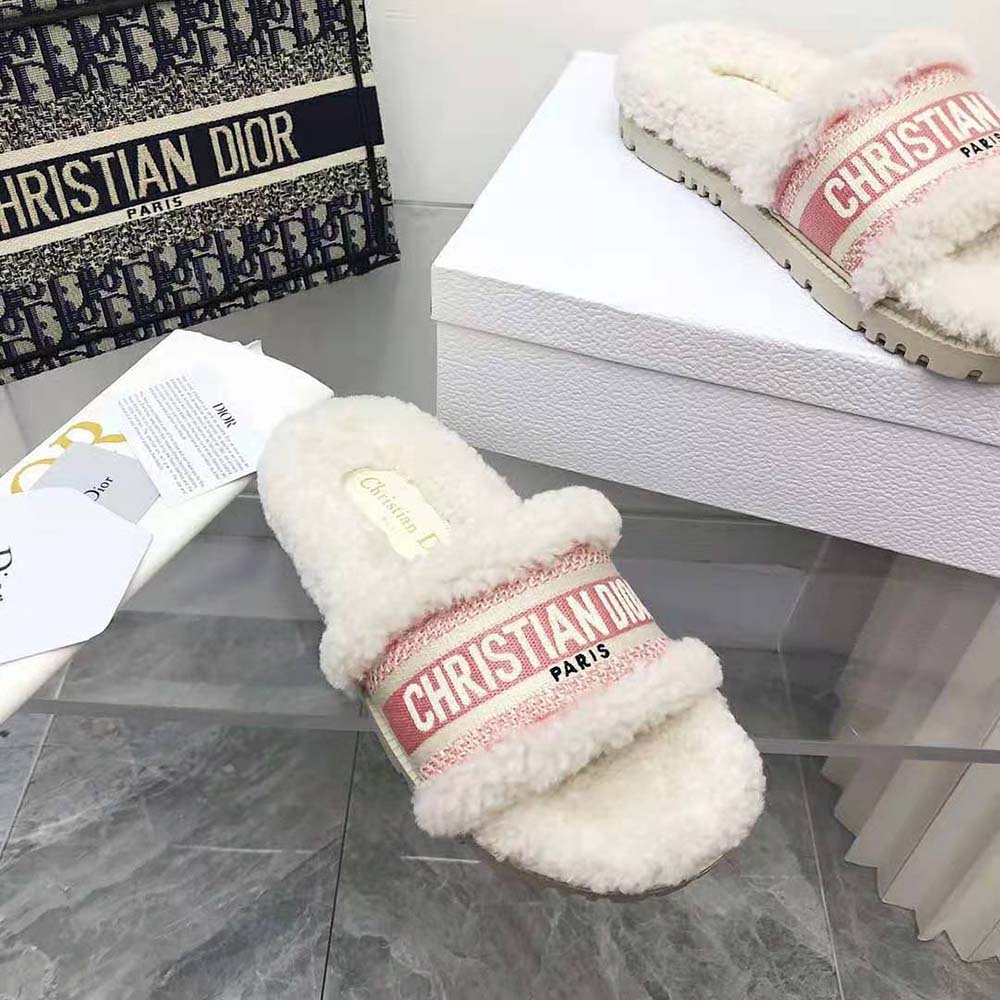 Dior Women Dway Slide Peony Pink Embroidered Cotton and White Shearling - image 9