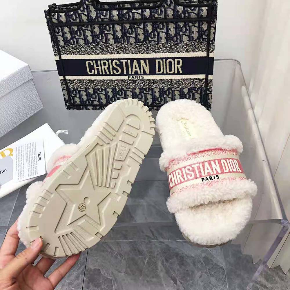 Dior Women Dway Slide Peony Pink Embroidered Cotton and White Shearling - image 10