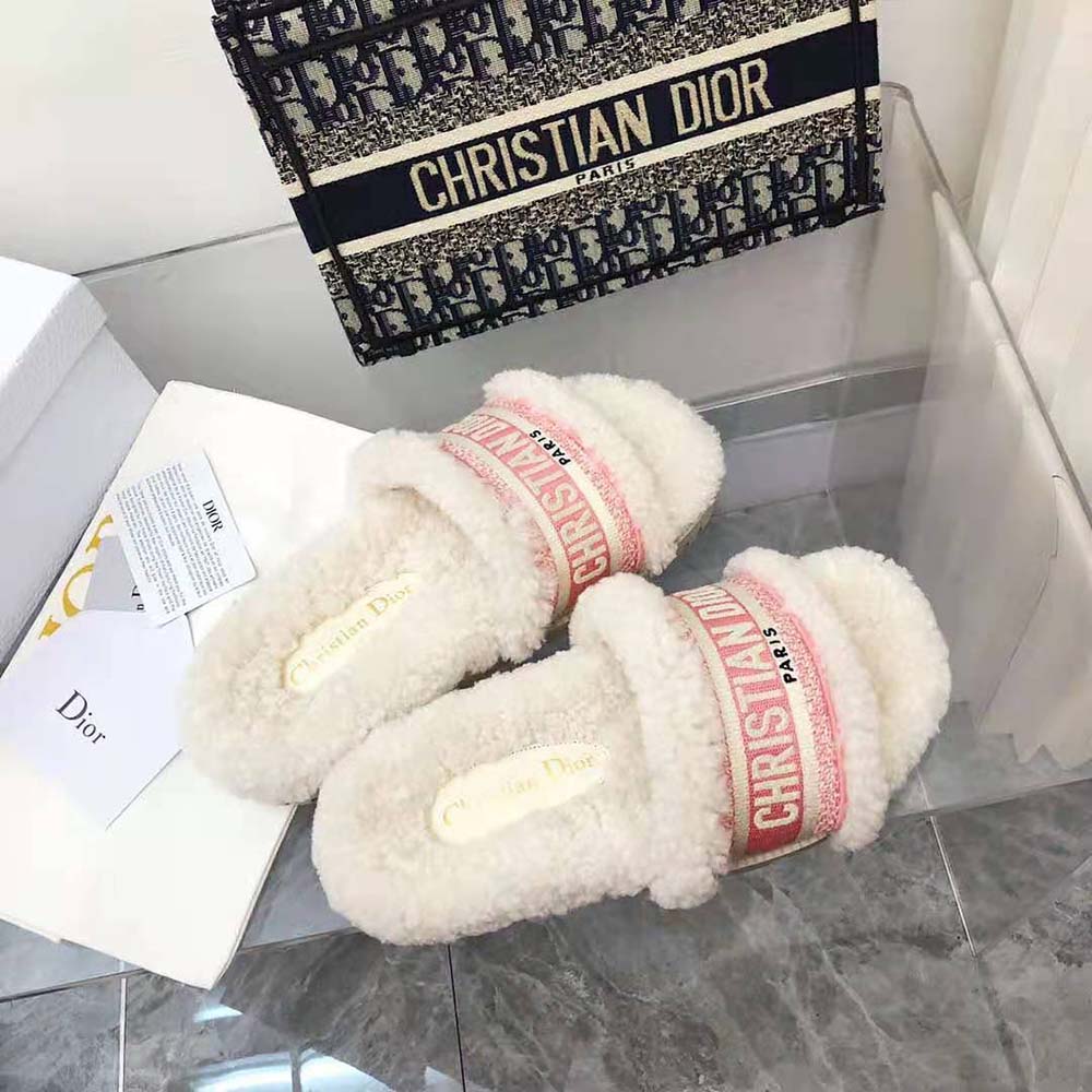 Dior Women Dway Slide Peony Pink Embroidered Cotton and White Shearling - image 6