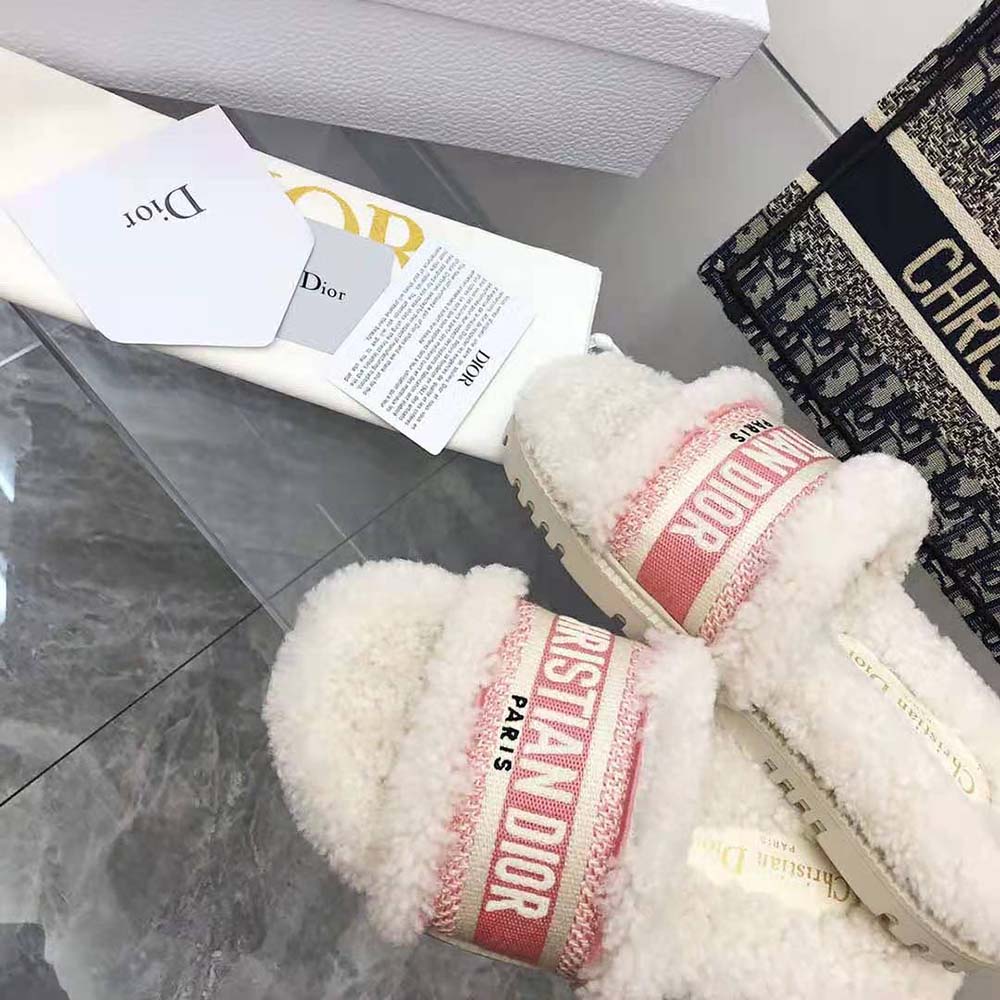 Dior Women Dway Slide Peony Pink Embroidered Cotton and White Shearling - image 7