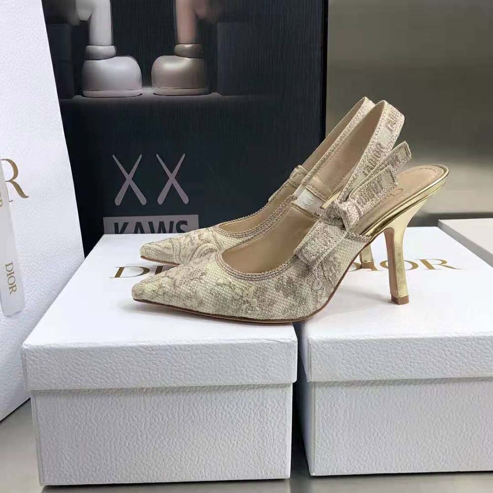 Dior Women J adior Slingback Pump White and Gold-Tone Toile de Jouy Embroidered Cotton - image 6