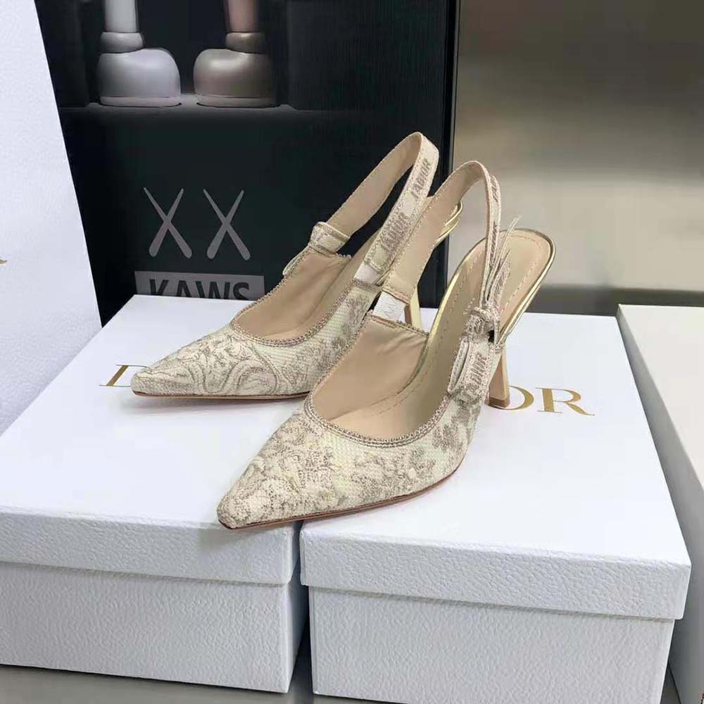 Dior Women J adior Slingback Pump White and Gold-Tone Toile de Jouy Embroidered Cotton - image 5