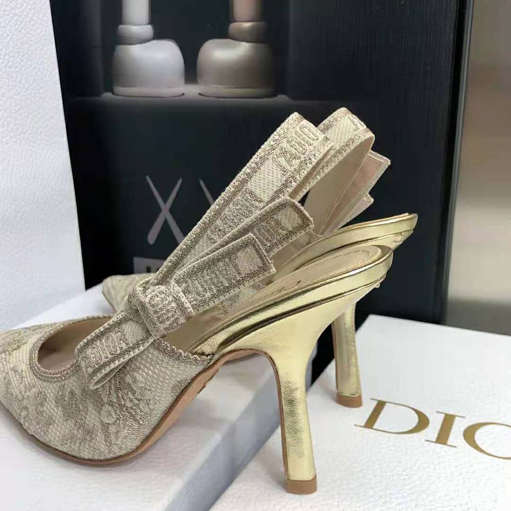 Dior Women J adior Slingback Pump White and Gold-Tone Toile de Jouy Embroidered Cotton - image 9