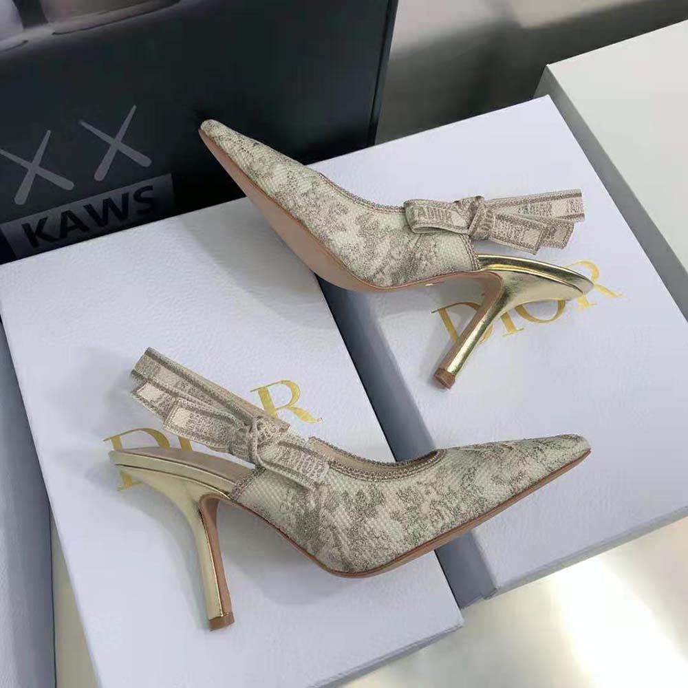 Dior Women J adior Slingback Pump White and Gold-Tone Toile de Jouy Embroidered Cotton - image 7