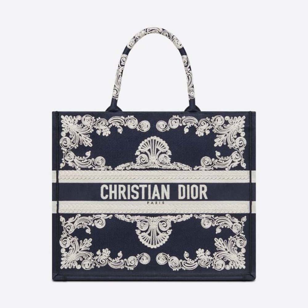 Front view of Dior Women Large Dior Book Tote Blue and White Cornely-Effect Embroidery