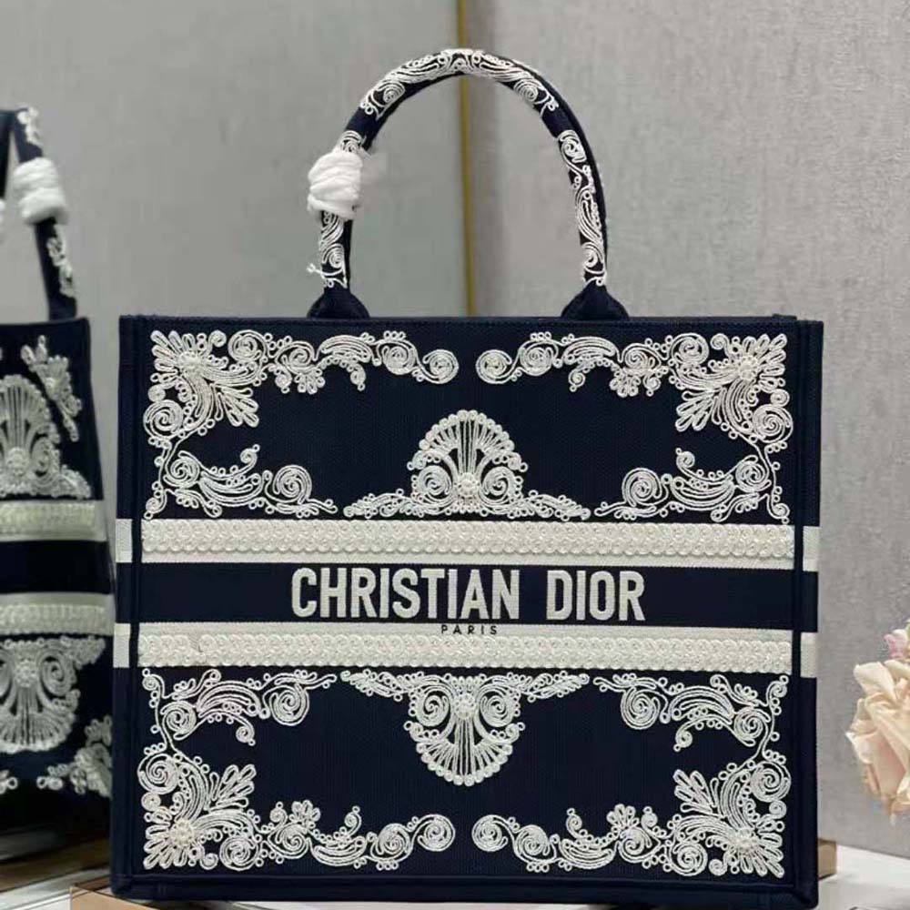 Close-up of Cornely-effect embroidery detail on Dior Women Large Dior Book Tote