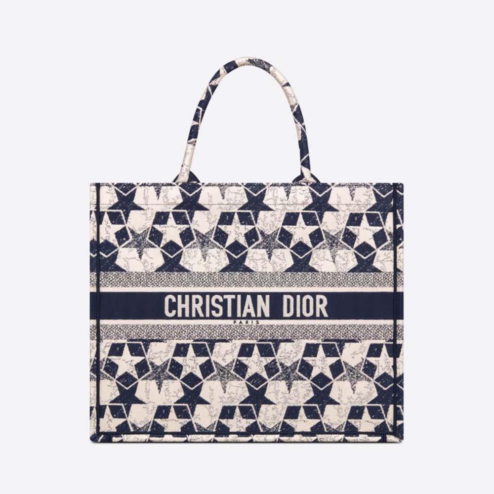 Front view of Dior Women Large Dior Book Tote with blue embroidery