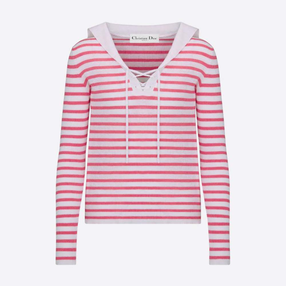 Front view of Dior Women Mariniere Sweater Peony Pink Linen Cashmere and Silk