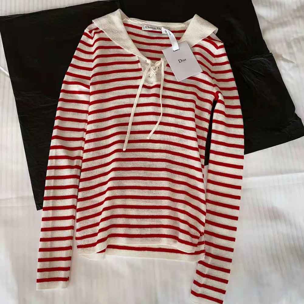 Side angle showing silhouette of Dior Women Mariniere Sweater Peony Pink