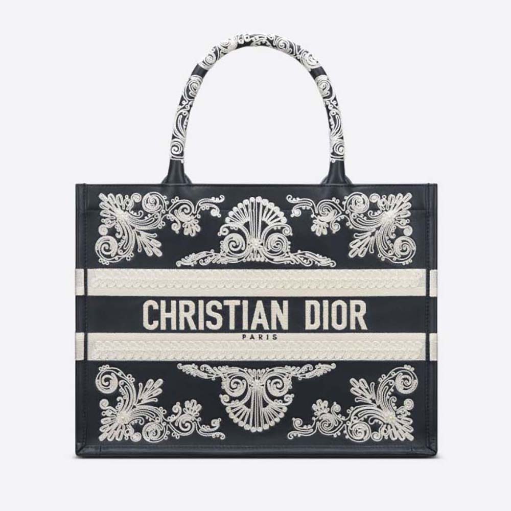 Front view of Dior Women Medium Dior Book Tote Blue Cornely-Effect Embroidered Calfskin