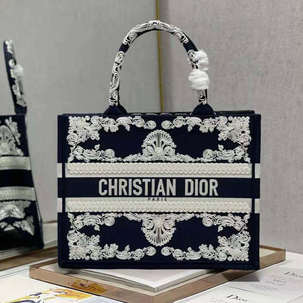 Close-up of blue Cornely-effect embroidery on Dior Women Medium Dior Book Tote