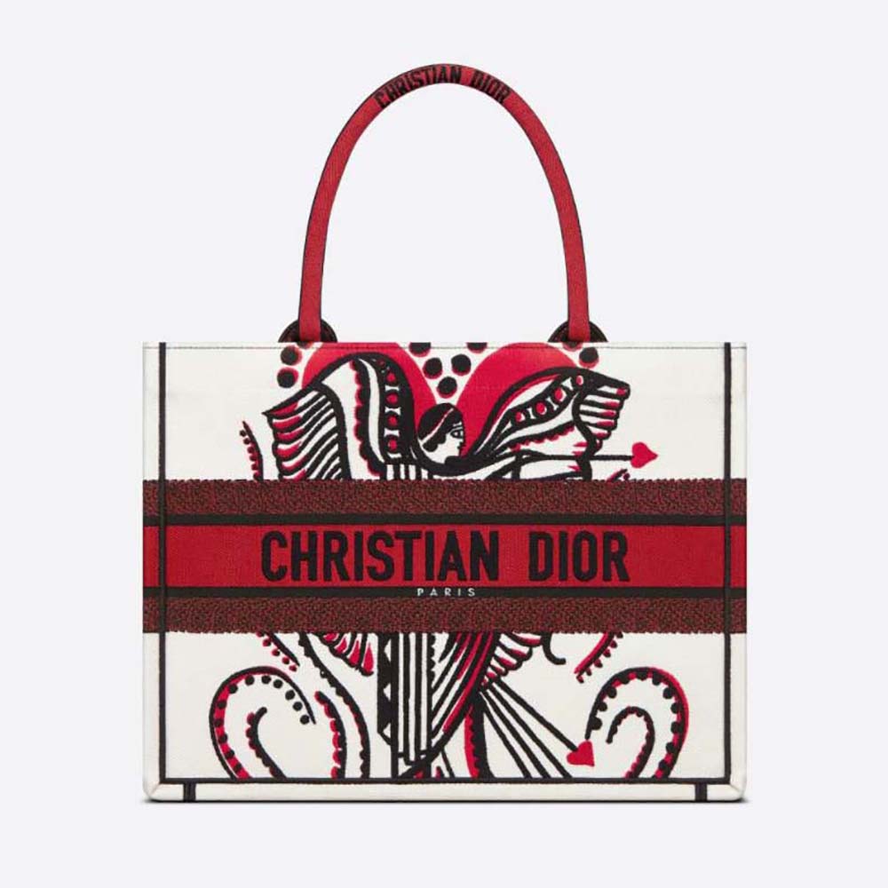Front view of Dior Women Medium Dior Book Tote Latte Multicolor Cupidon Embroidery