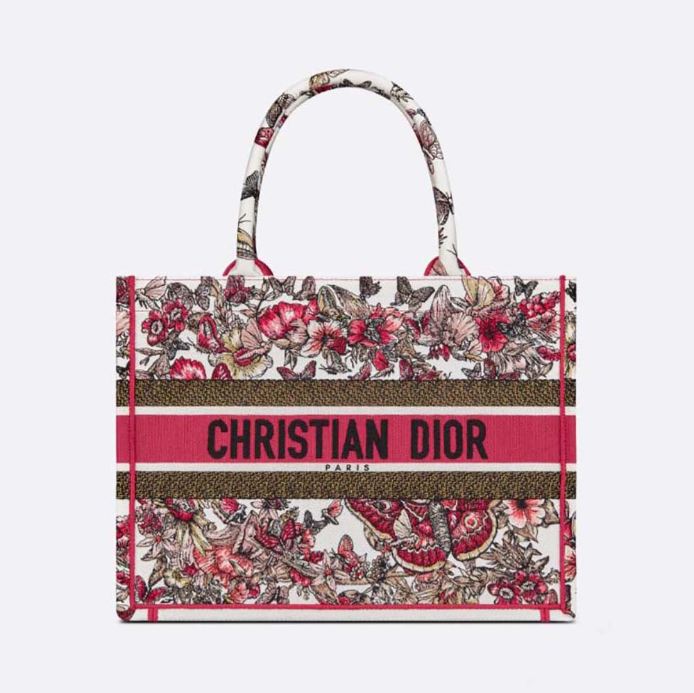 Front view of Dior Women Medium Dior Book Tote Multicolor Butterfly Embroidery