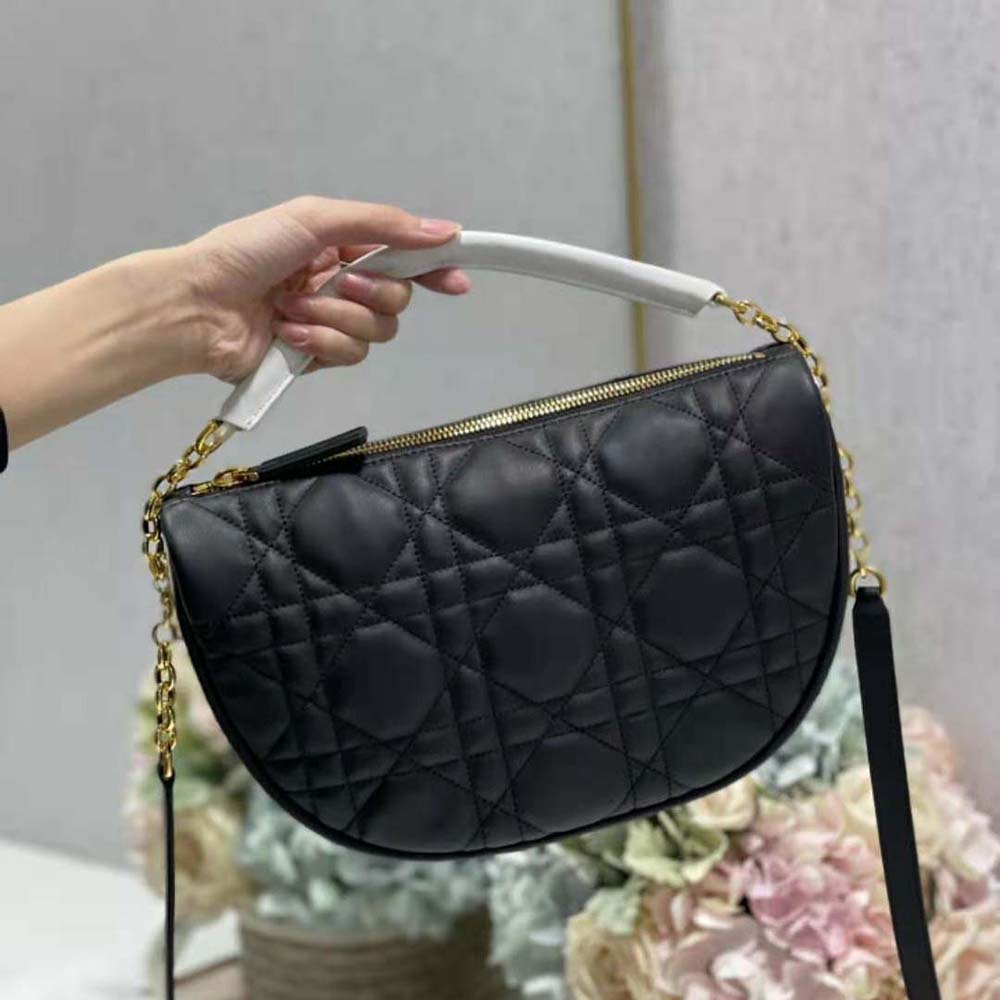 Close-up detail of Cannage stitching and silver hardware on Dior Vibe Hobo Bag