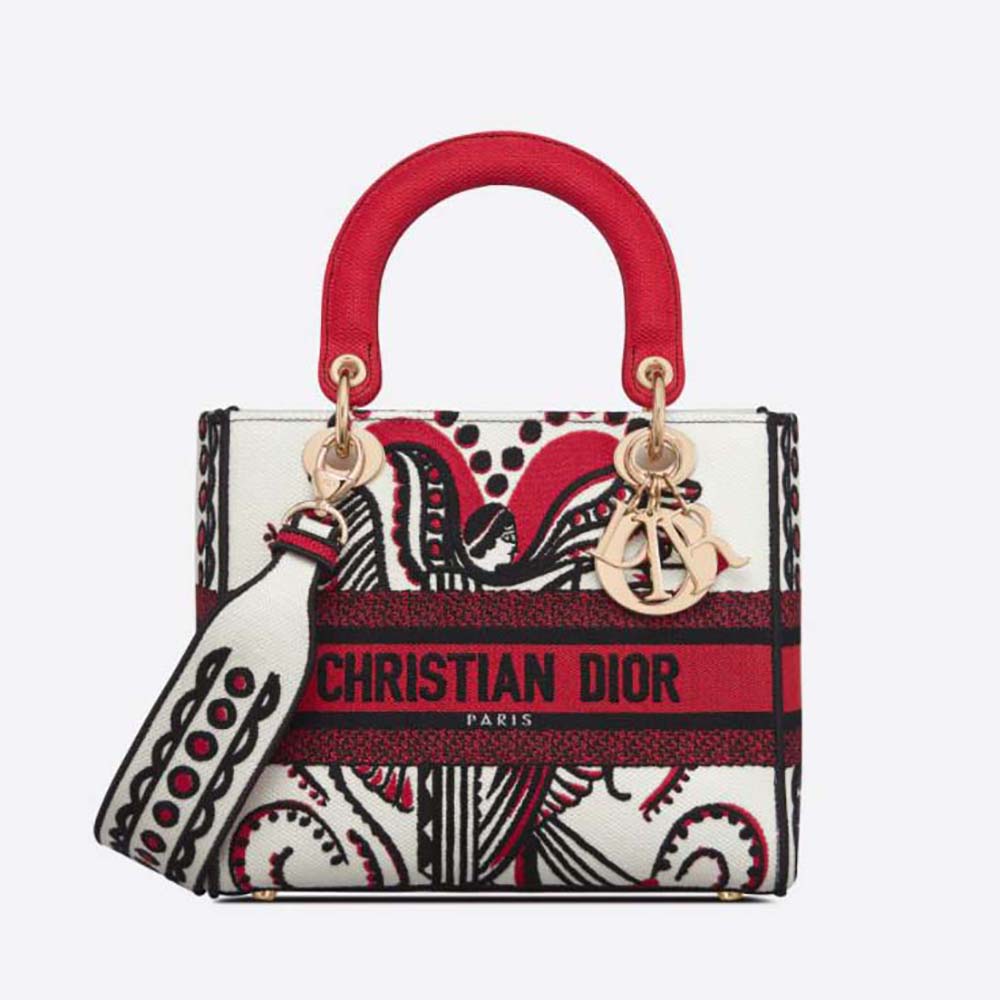 Front view of Dior Women Medium Lady D-lite Bag Latte Multicolor Cupidon Embroidery