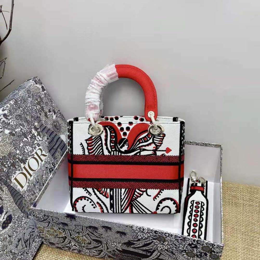 Side angle showing silver hardware on Dior Women Medium Lady D-lite Bag Latte Multicolor