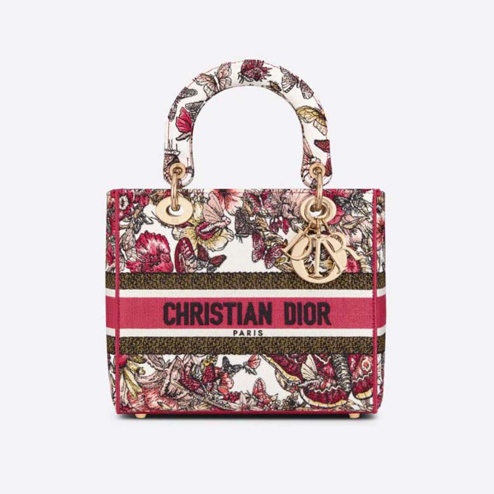 Front view of Dior Women Medium Lady D-lite Bag Multicolor Butterfly Embroidery