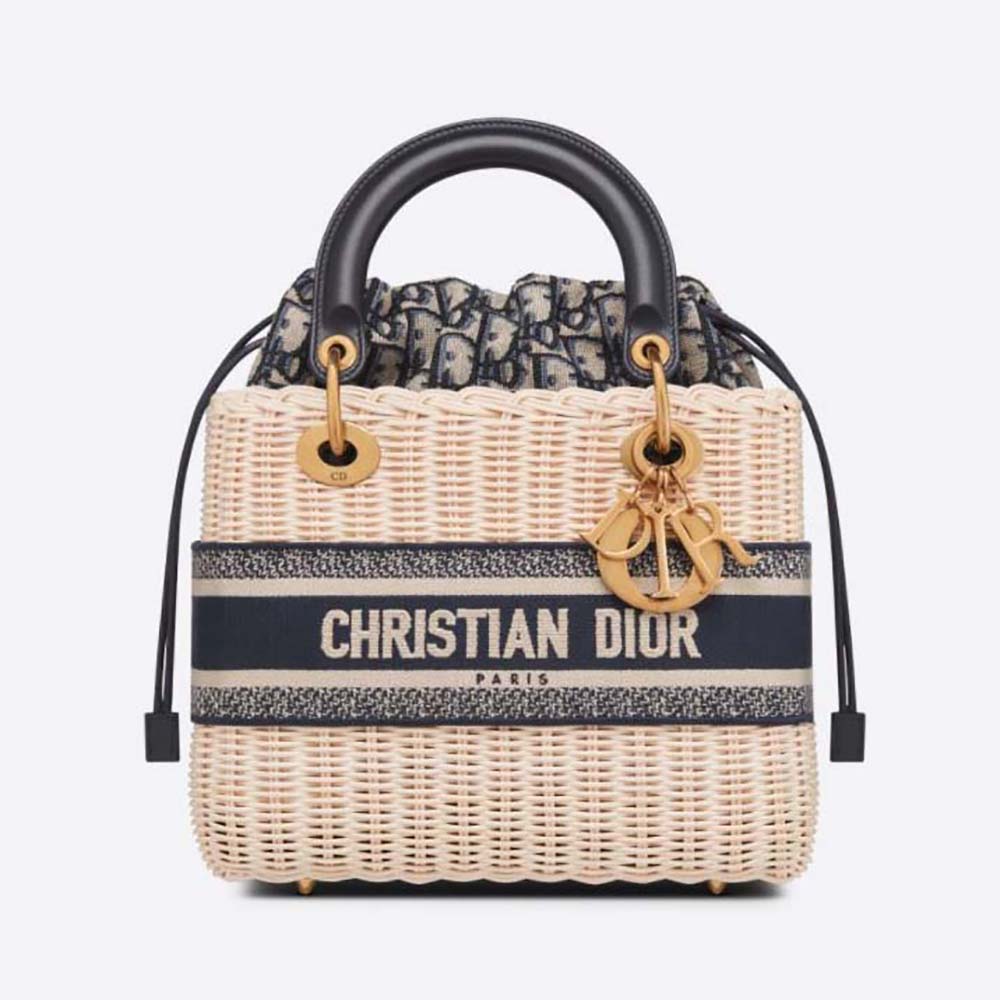 Front view of Dior Women Medium Lady Dior Bag Natural Wicker and Navy Dior Oblique Jacquard