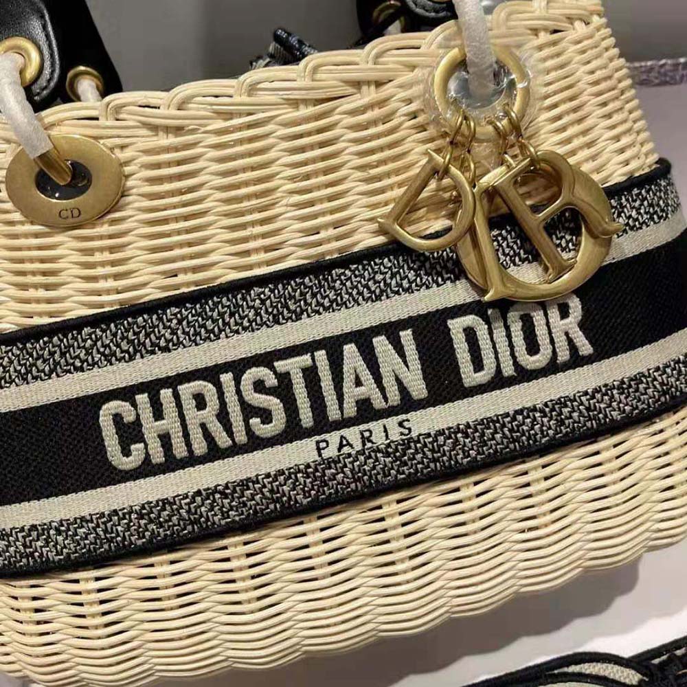 Dior Women Medium Lady Dior Bag Natural Wicker and Navy Dior Oblique Jacquard - image 7
