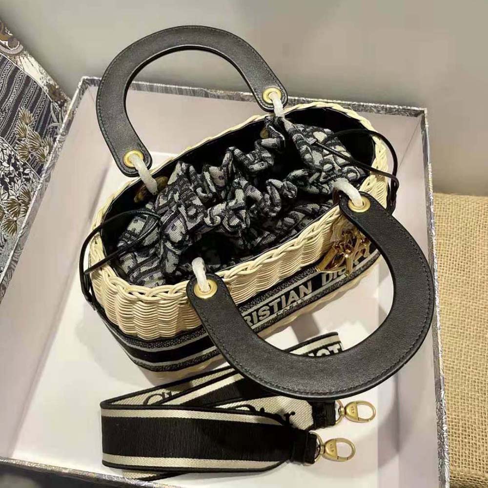 Dior Women Medium Lady Dior Bag Natural Wicker and Navy Dior Oblique Jacquard - image 5
