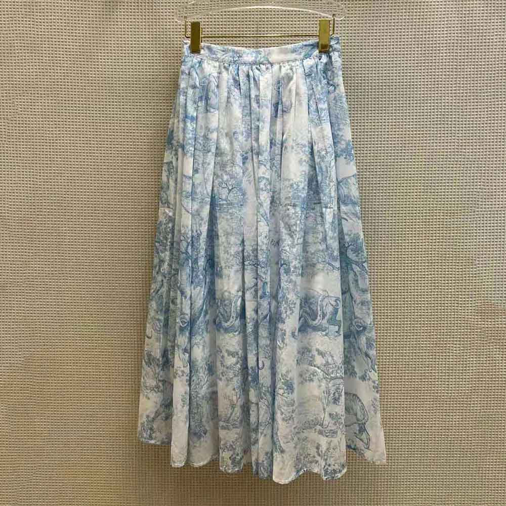 Close-up detail of cotton muslin fabric and Toile de Jouy print on Dior skirt