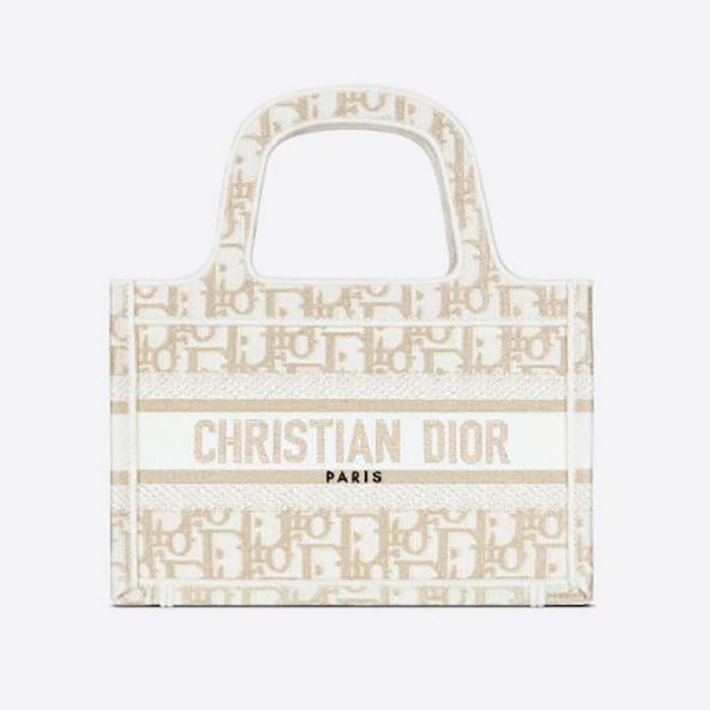 Front view of Dior Women Mini Dior Book Tote Gold-Tone Dior Oblique Embroidery in beige