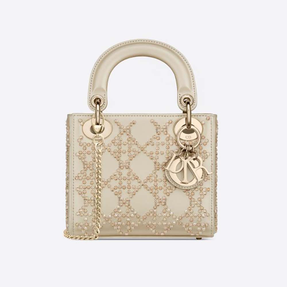 Front view of Dior Women Mini Lady Dior Bag Metallic Cannage Calfskin with embroidery