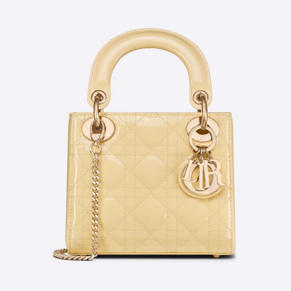 Front view of Dior Women Mini Lady Dior Bag Pale Yellow Patent Cannage Calfskin