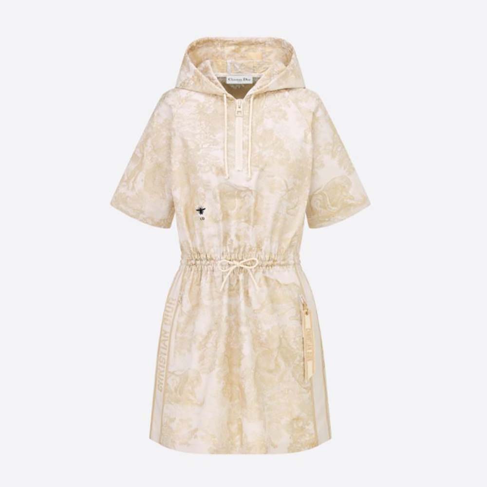 Front view of Dior Women Short Hooded Dress Gold-Tone Technical Taffeta Jacquard