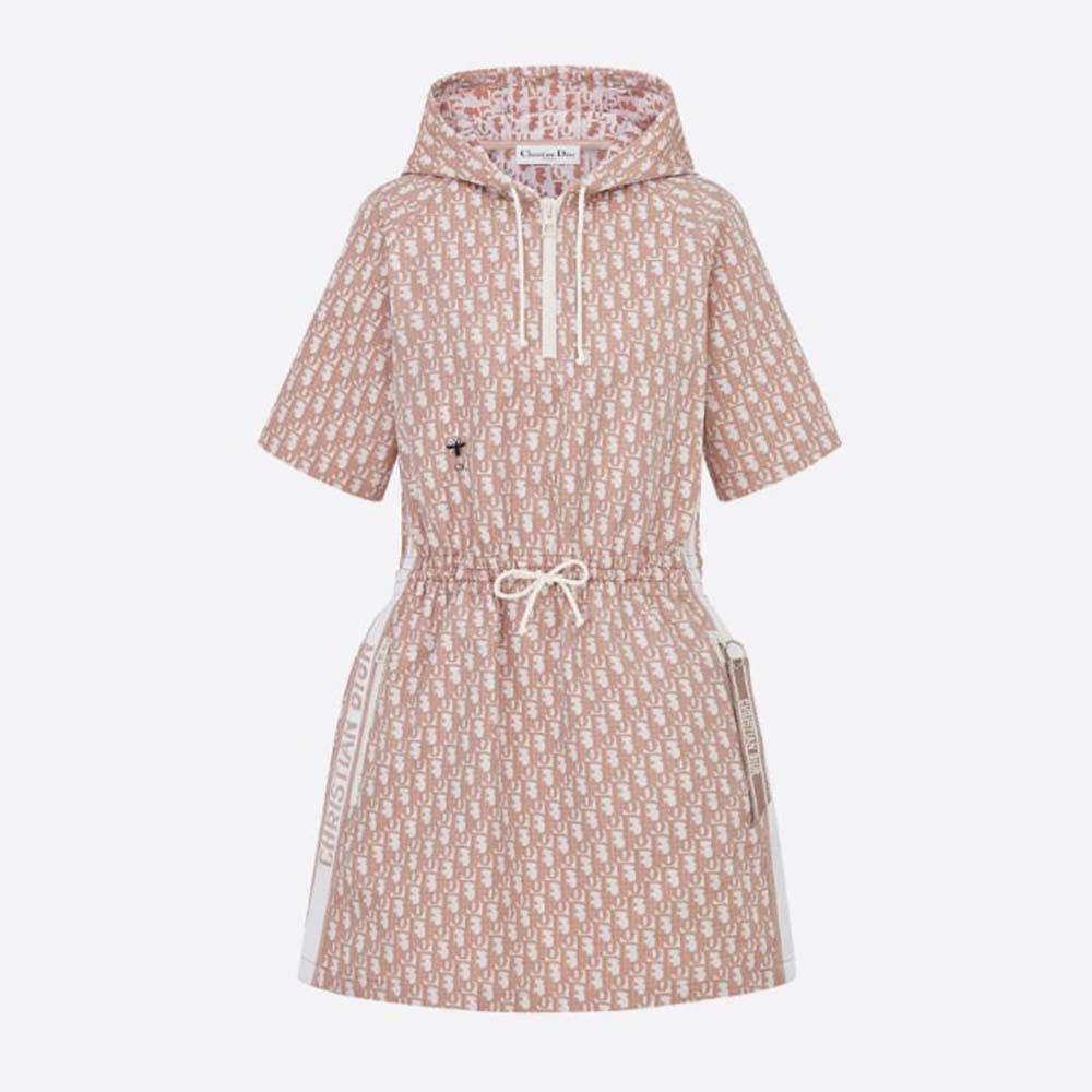 Front view of Dior Women Short Hooded Dress Rose Des Vents Technical Taffeta Jacquard in rose