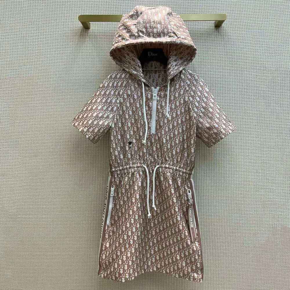 Close-up of jacquard fabric texture on Dior Women Short Hooded Dress Rose Des Vents