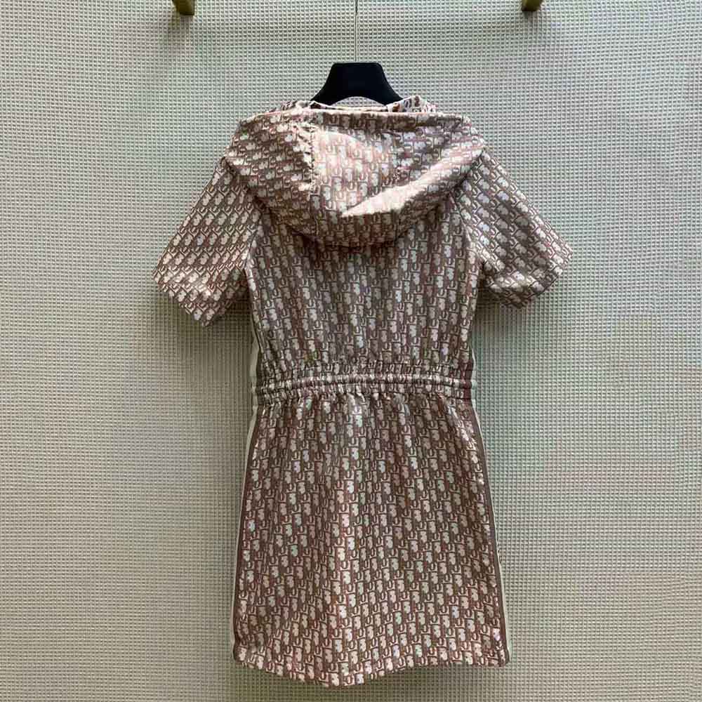 Side angle showing hood and silhouette of Dior Women Short Hooded Dress Rose Des Vents