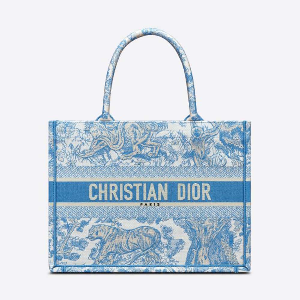 Front view of Dior Women Small Dior Book Tote Cornflower Blue Toile de Jouy Embroidery