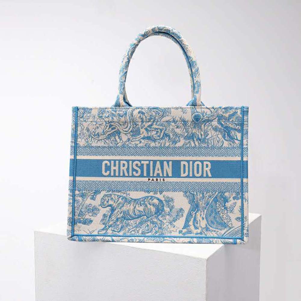 Close-up of cornflower blue embroidery on Dior Women Small Dior Book Tote