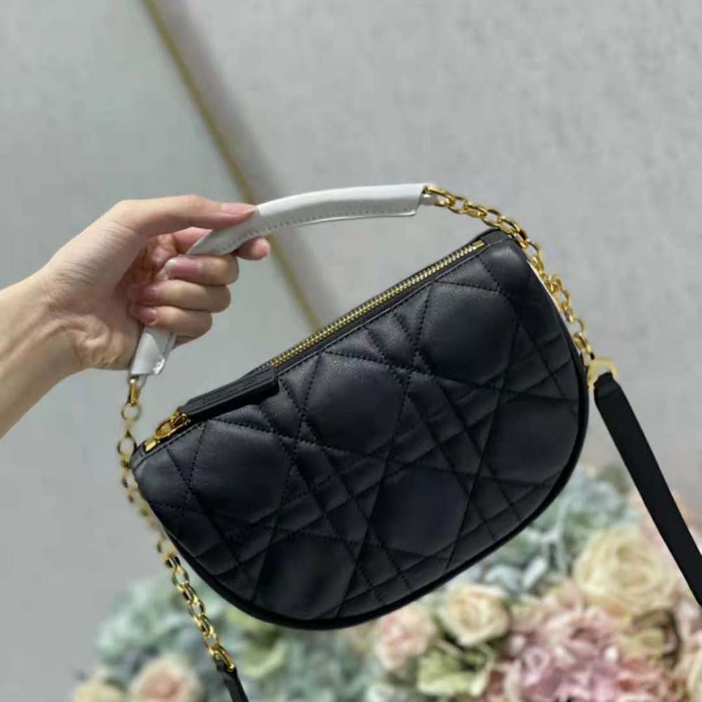 Close-up on Cannage stitching and silver hardware of Dior Women Small Dior Vibe Hobo Bag