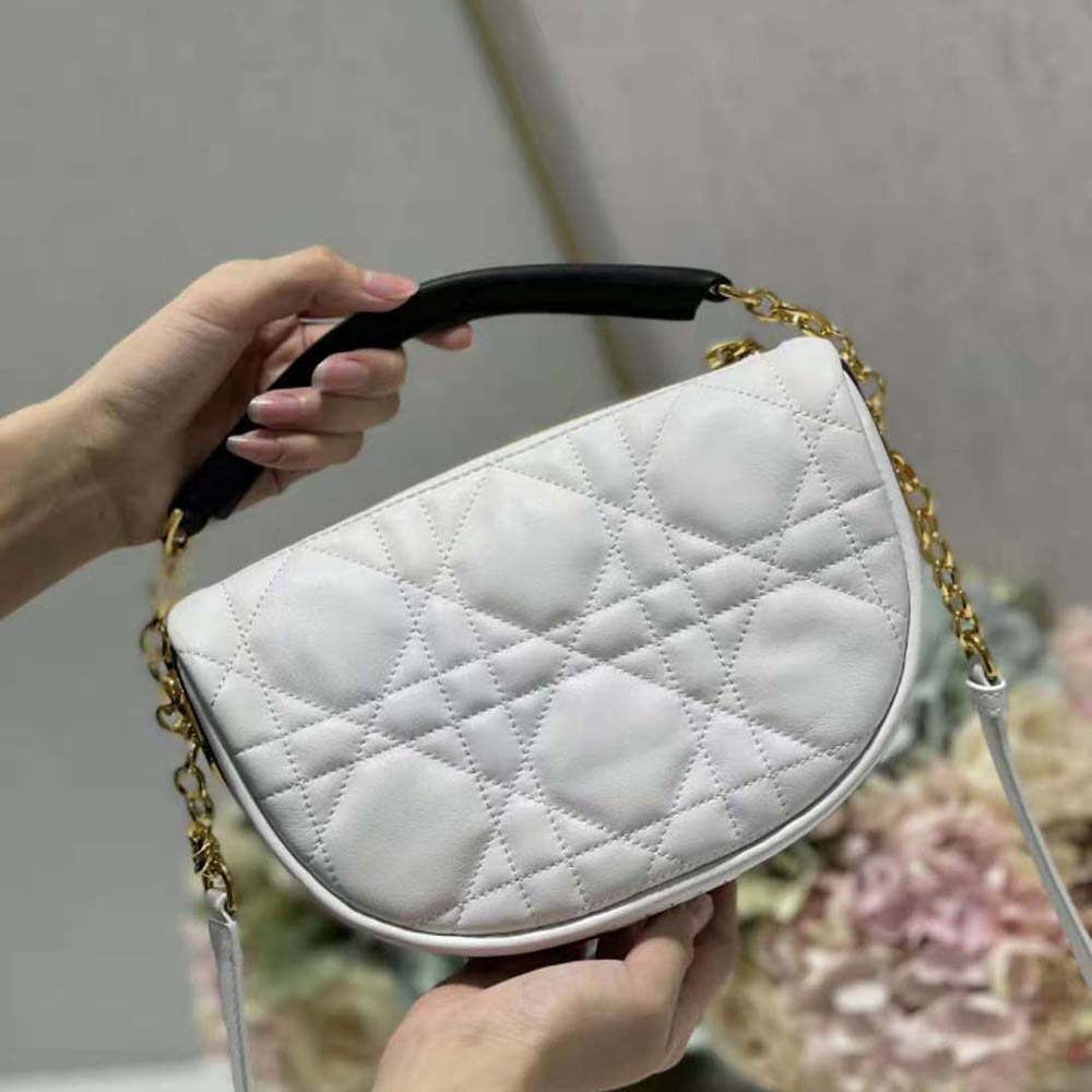 Close-up of Cannage quilting and silver hardware on Dior Women Small Dior Vibe Hobo Bag