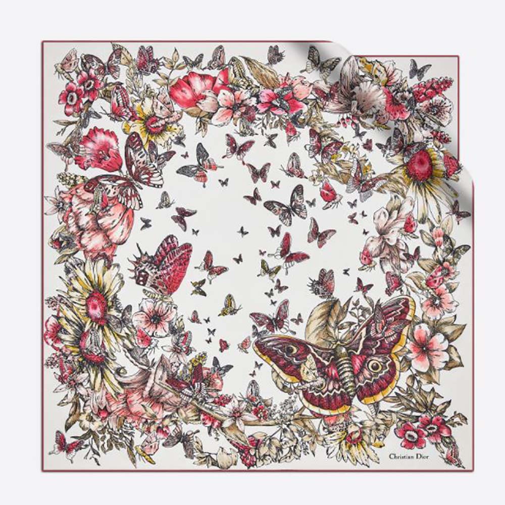 Close-up of Dior Women Square Scarf Lvory Silk Twill red butterfly motif