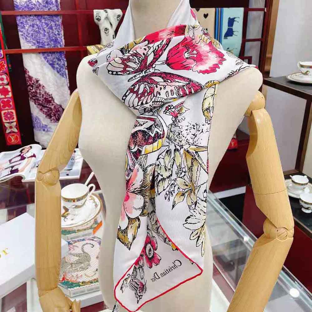 Dior Women Square Scarf Lvory Silk Twill with Multicolor Butterfly Motif - image 8