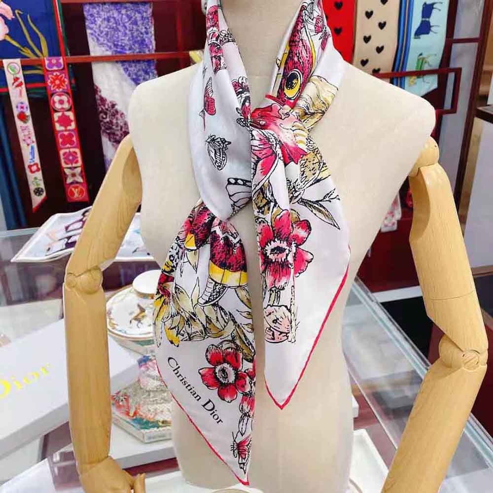 Dior Women Square Scarf Lvory Silk Twill with Multicolor Butterfly Motif - image 7
