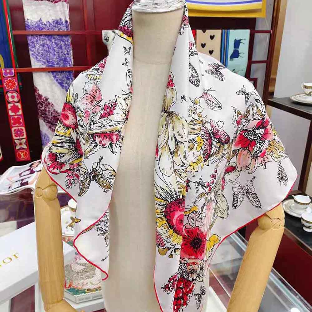 Dior Women Square Scarf Lvory Silk Twill with Multicolor Butterfly Motif - image 6