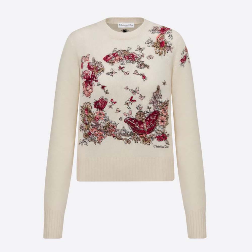 Front view of Dior Women Sweater White Cashmere with butterfly motif