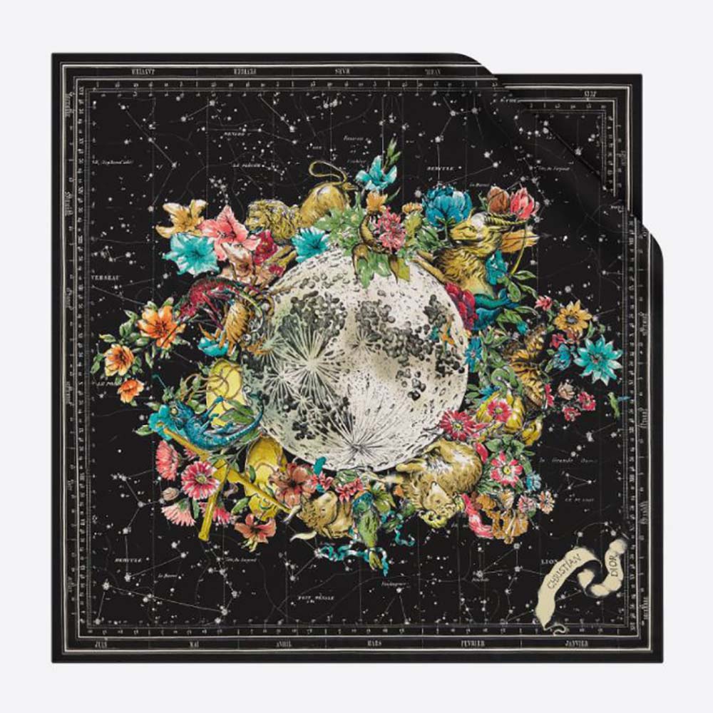 Close-up of Dior Women Zodiac Square Scarf Navy Black Silk Twill silk twill fabric and zodiac print