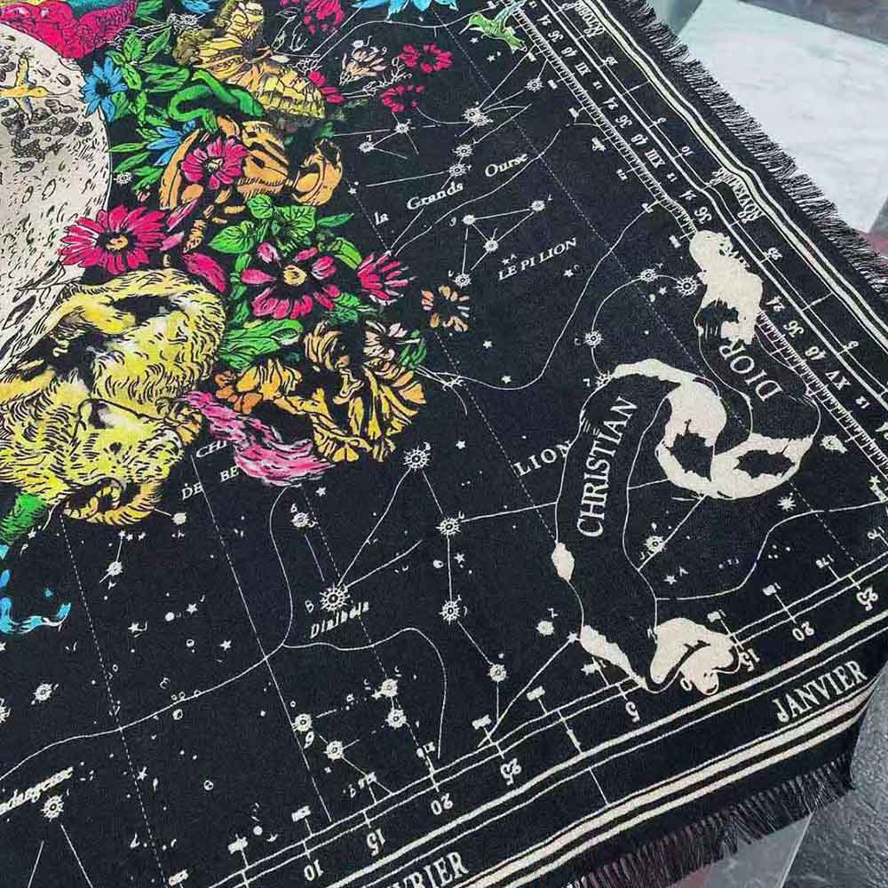 Flat lay showing full square shape of Dior Women Zodiac Square Scarf Navy Black Silk Twill