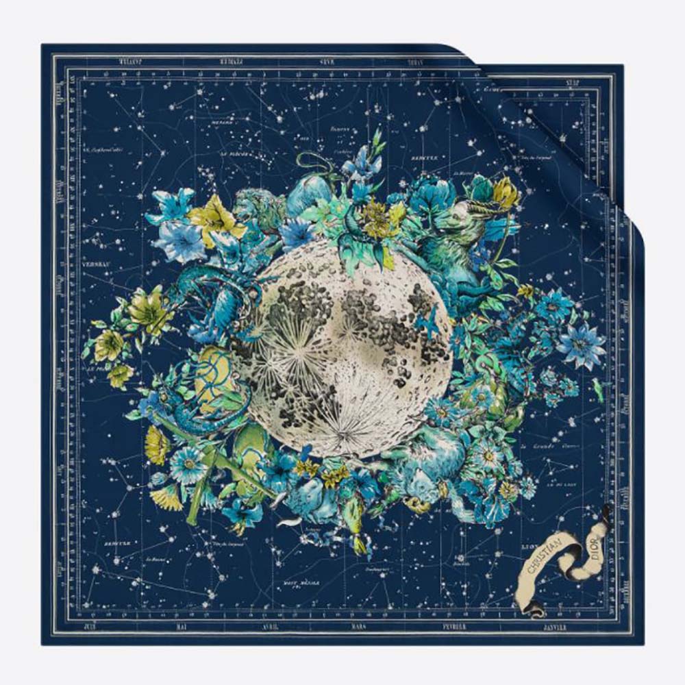 Front flat view of Dior Women Zodiac Square Scarf Navy Blue Silk Twill