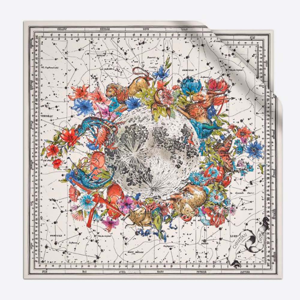 Front view of Dior Women Zodiac Square Scarf Navy White Silk Twill
