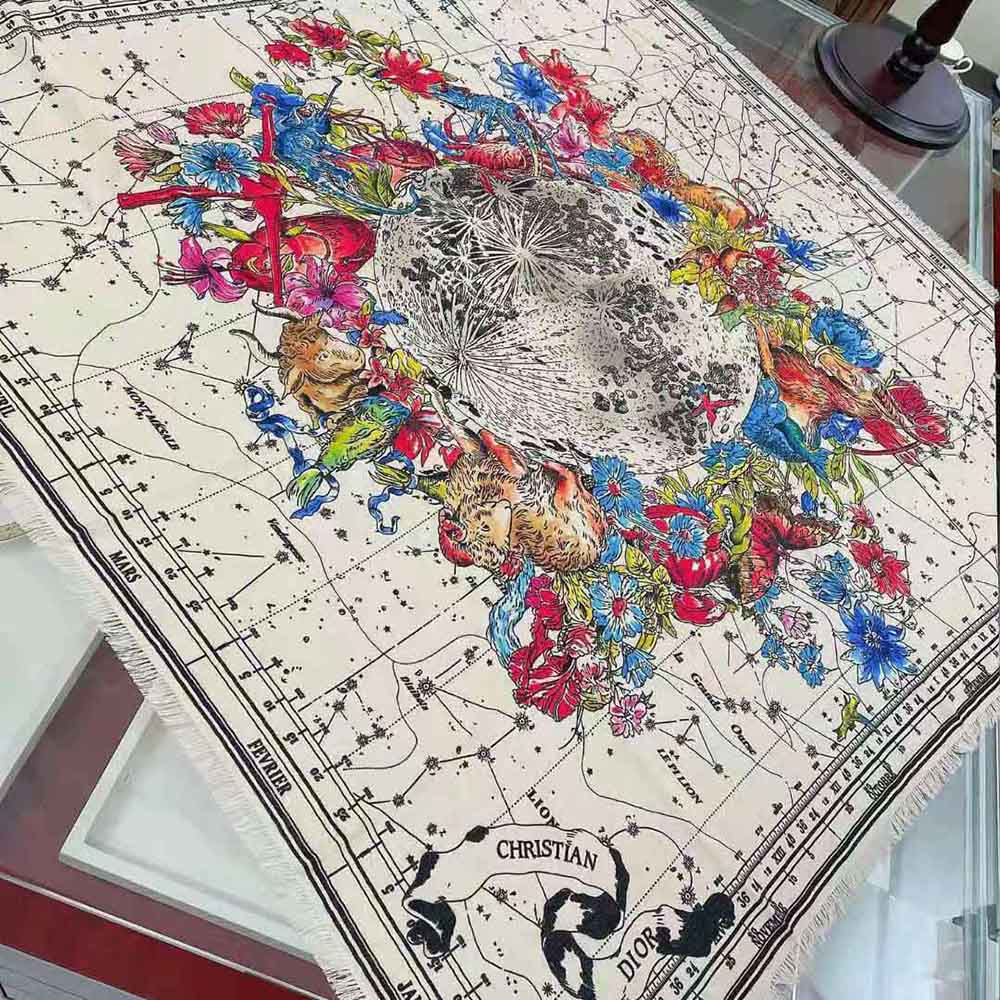 Close-up of zodiac celestial print on Dior Women Zodiac Square Scarf